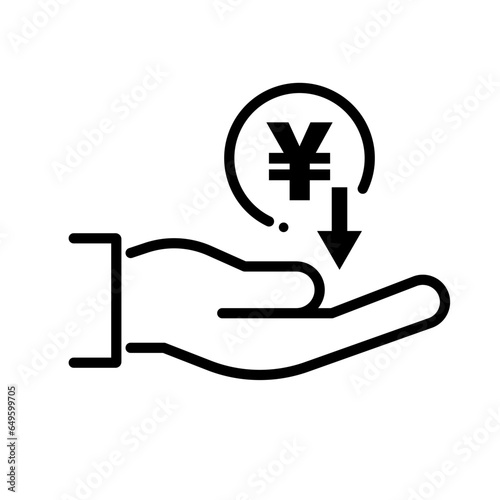 Yen price drop and hand icons. Vector.