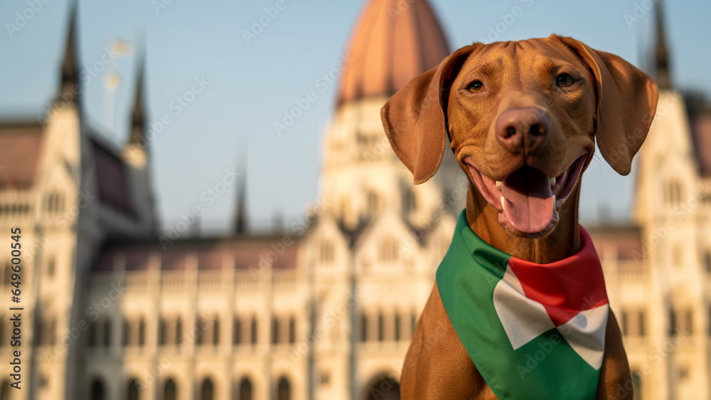 Naklejka premium Happy hungarian vizsla dog wearing national flag of Hungary at background of the sights of Budapest