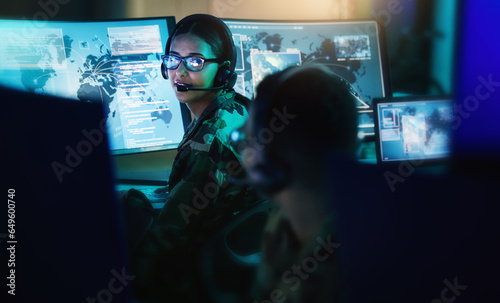 Military control room, headset and woman with man, computer and tech for communication. Security, global surveillance and soldier with teamwork in army office at government cyber data command center.