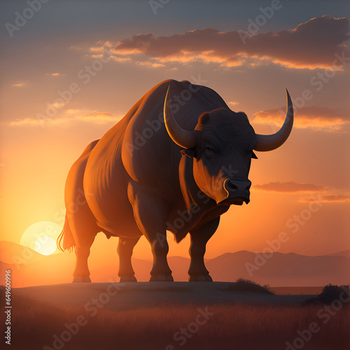 Stock Market Bull Silhouette at Sunrise features on a hill behind and mist at its feet. Bull s stand up on a mountain near sunset.