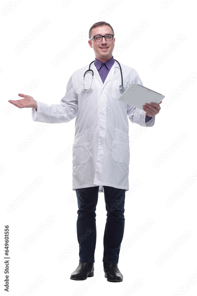 Smiling doctor with tablet computer isolated over white background Smiling doctor with tablet computer isolated over white background