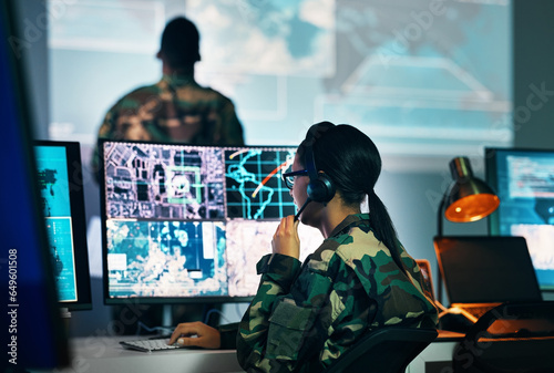 Fotografie Military command center, computer screen and woman in surveillance, headset and tech for communication