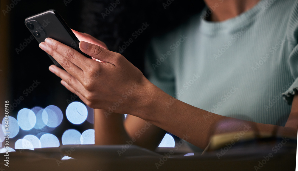 Smartphone, communication and hands of person typing, search web or text online business contact. News media, closeup cellphone and night worker research mobile user, application and scroll on email