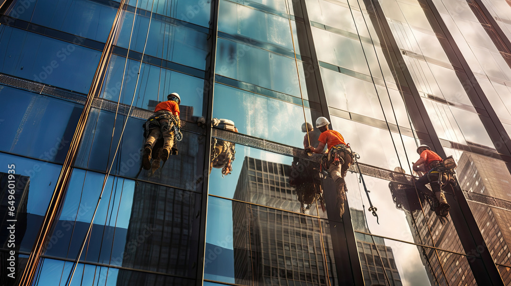 Workers cleaning glass in tall building. Generative Ai
