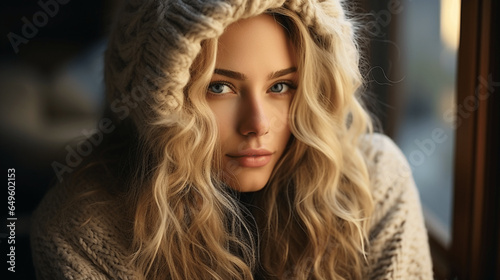 Junge schöne blonde Frau in warmer Strickkleidung, lockig, Herbst-Winter-Mode