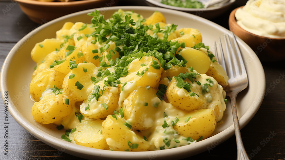 Kartoffelsalat, klassisch, deutsch, Essig, Petersilie, Schnittlauch, essen