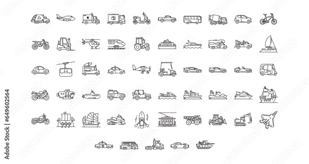 Simple Set of Transportation-Related Vector Line Icons Contains such Icons as sport car, tram, dump truck, jet fighter, jeep, sail boat, and more. Editable Stroke. Pixel-perfect at 64x64
