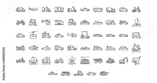 Simple Set of Transportation-Related Vector Line Icons Contains such Icons as sport car, tram, dump truck, jet fighter, jeep, sail boat, and more. Editable Stroke. Pixel-perfect at 64x64 