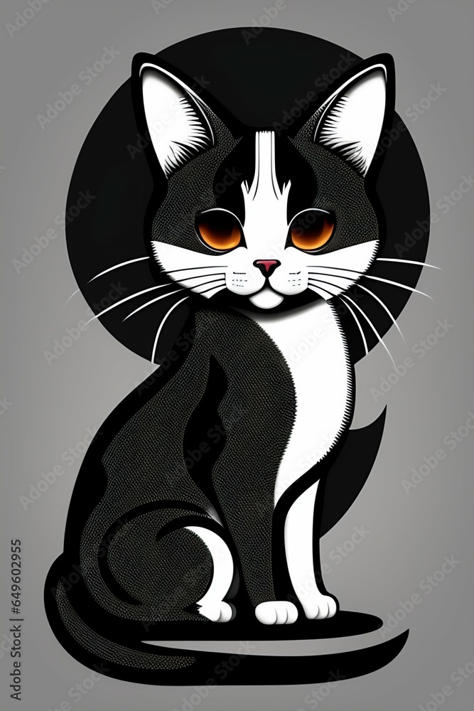 Obraz premium a flat simple black and white character design of a cute cat like creature, ink, graphic style