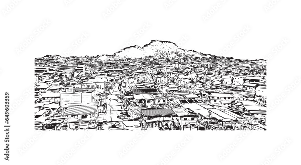 Building view with landmark of San Fernando is the city in California. Hand drawn sketch illustration in vector.