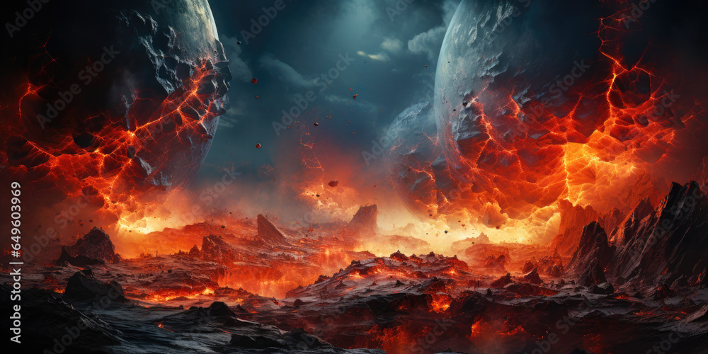 The image captures the apocalyptic moment when an asteroid strikes a planet, resulting in a fireball explosion and scattering debris. It is a haunting vision of potential cosmic disasters - obrazy, fototapety, plakaty 