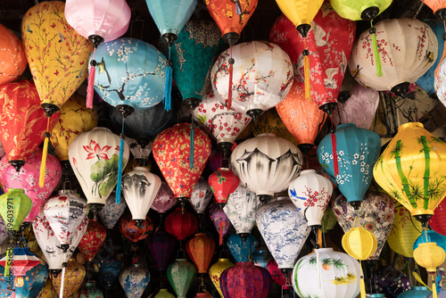 background with colorful silk lanterns in Hoi An, Vietnam photo