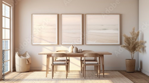 Elegant coastal style dining room with beach picture frames, Scandi interior design AI generated