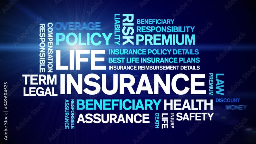 Life insurance animated tag word cloud;text design animation kinetic typography seamless loop.