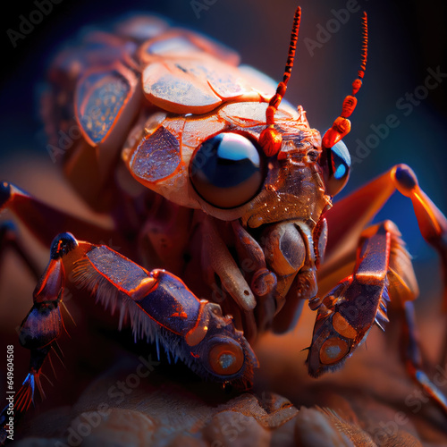 Vibrant and extremely detailed image of an armored insect with opalescent eyes