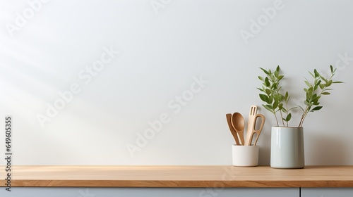 Coastal style white blank empty space kitchen countertop with kitchen utensils and indoor plant, Scandi interior design, AI generated