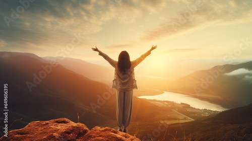 Woman standing on top of mountains over beautiful scenic view, New year resolutions 2024 celebration, achievement plan concept