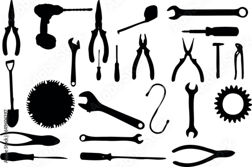 This vector illustration features a collection of tool silhouettes on a white background. The tools include a hammer, screwdriver, wrench, pliers, saw, and ruler.  photo
