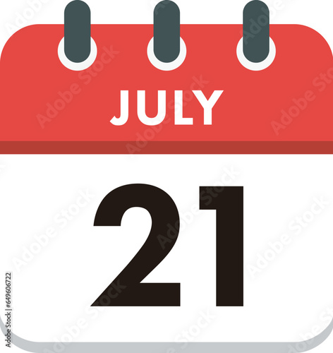 Flat Icon Calendar - 21 July. Vector flat daily calendar icon. Day and month.