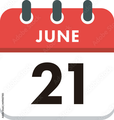 Flat Icon Calendar - 21 June. Vector flat daily calendar icon. Day and month.