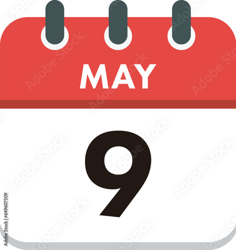 Flat Icon Calendar - 9 May. Vector flat daily calendar icon. Day and month.