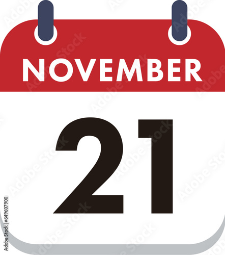 Flat Icon Calendar - 21 November. Vector flat daily calendar icon. Day and month.