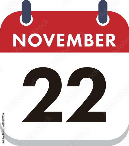 Flat Icon Calendar - 22 November. Vector flat daily calendar icon. Day and month.