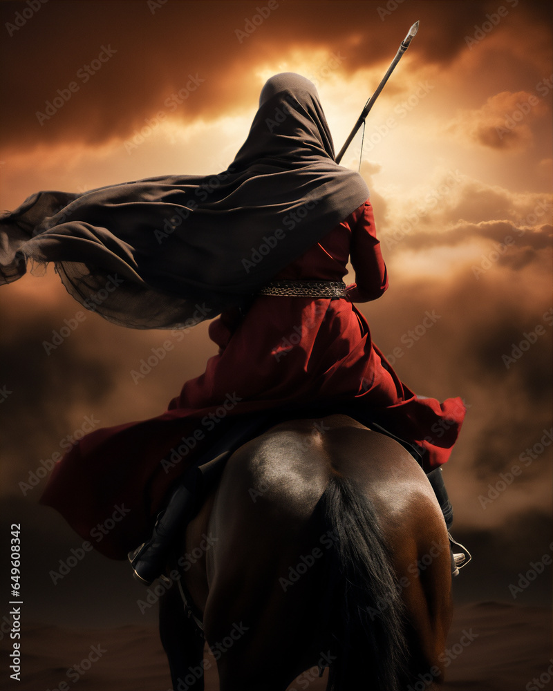 an muslim woman warrior in hijab and veil on horse in the Arabian