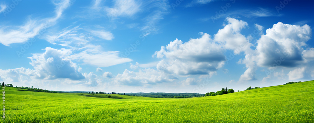 Green grass on the field, blue sky with clouds, beautiful rural landscape. Generative Ai