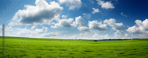 panorama with green grass in the field and blue sky with clouds