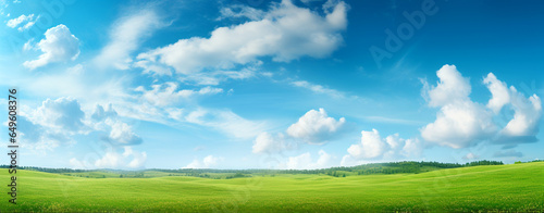 beautiful landscape with green meadow against blue sky. Generative Ai