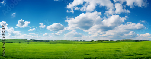 blue sky, green grass on the field, beautiful rural landscape. Generative Ai