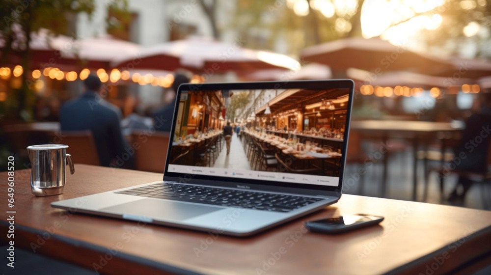 laptop closeup on table on blurred background of street cafe. Generative Ai laptop closeup on table on blurred background of street cafe. Generative Ai