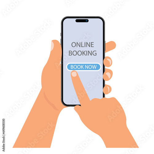 Hand holding smartphone with screen and book now button. Flat design illustration of online booking mobile application. Vector.