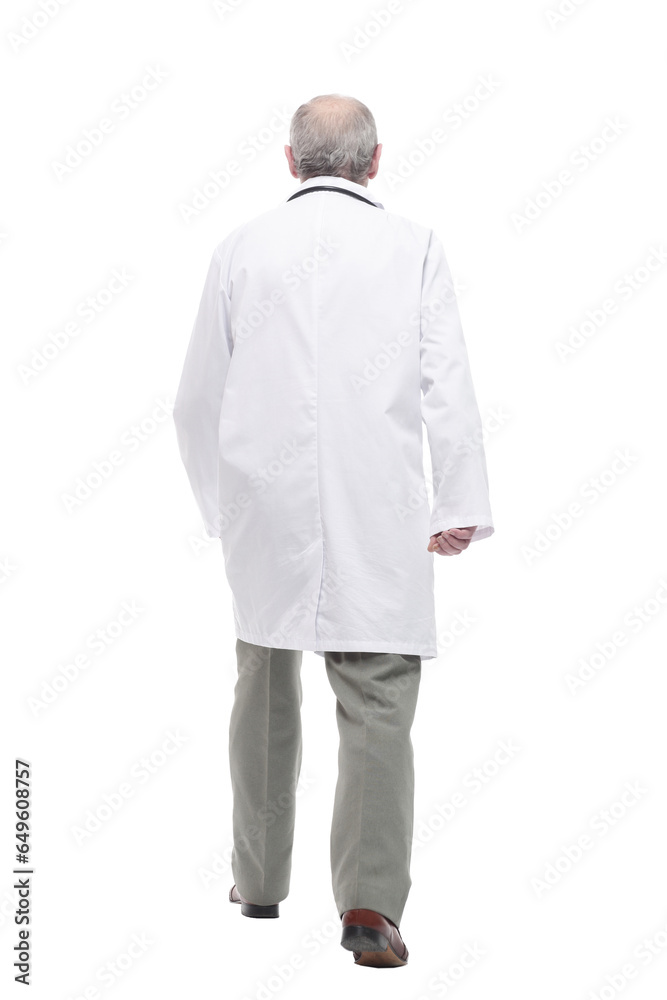 elderly competent doctor striding forward. isolated on a white elderly competent doctor striding forward. isolated on a white