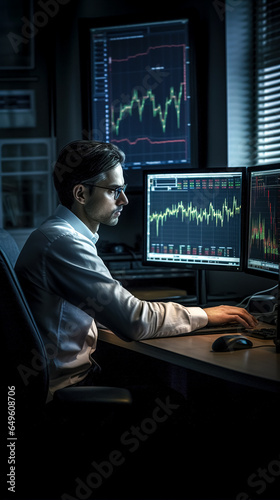Human and computer monitors with financial charts, generative AI.