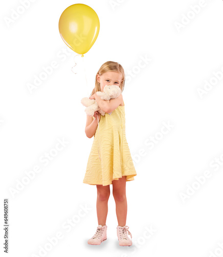 Balloons, happy and portrait of child with teddy bear on isolated, png and transparent background. Creative, yellow fashion and girl with inflatable toy for birthday, celebration event and party
