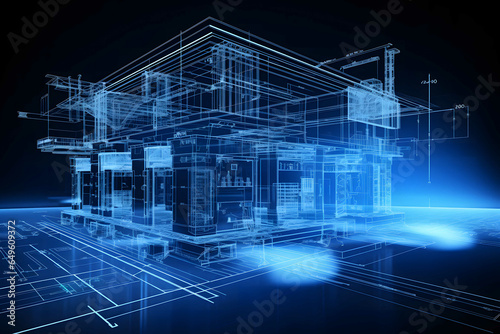 technology background blueprint building 3d perspective scan line