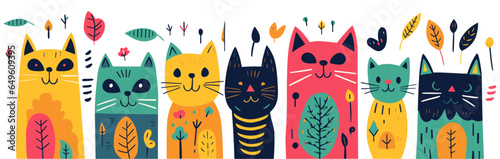 Cute and cozy cats vector banner illustration for autumn. Adorable kittens doodle collection with fall leaves, isolated art