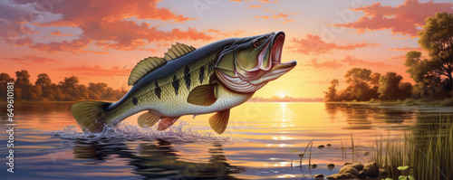 Big fish jump over water level lake at sunset light.