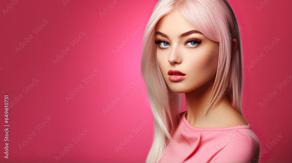 Portrait of young woman with pink hair isolated on pink background Portrait of young woman with pink hair isolated on pink background