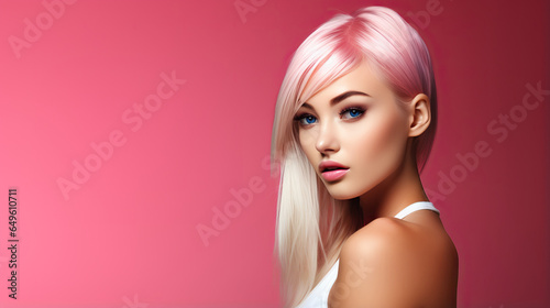 Portrait of young woman with pink hair isolated on pink background