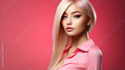 Portrait of young blond woman isolated on pink background