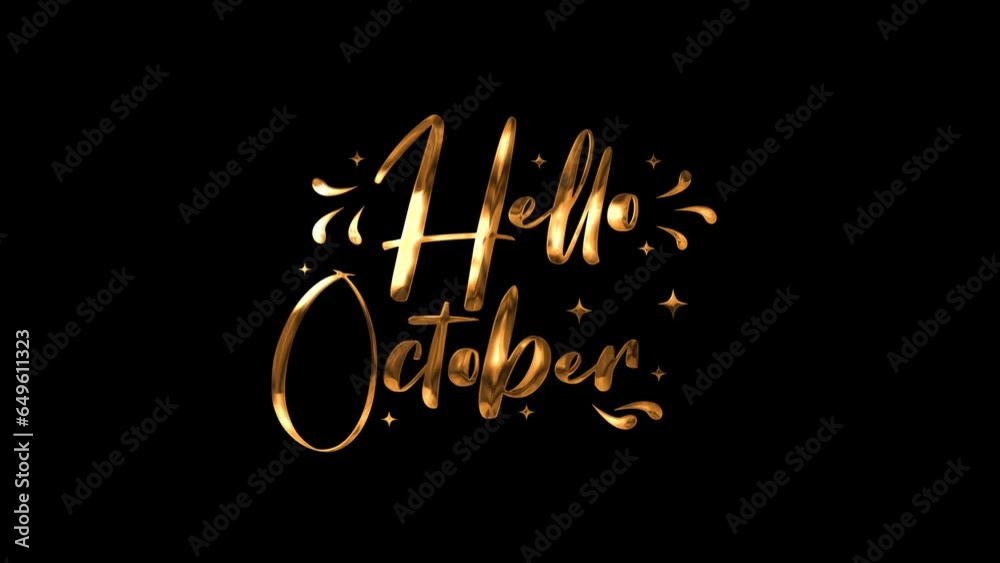 Hello October text animation in gold color on transparant background. Great for greeting card animation and celebration. 4k alpha channel