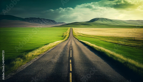 Endless road along green grassland. Generative AI photo