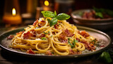 A plate of traditional spaghetti carbonara beautifully, generative ai