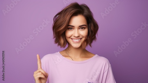 charming nice young lady with brown bob hair pointing mockup
