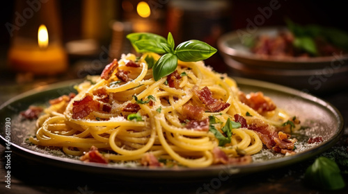 A plate of traditional spaghetti carbonara beautifully  generative ai