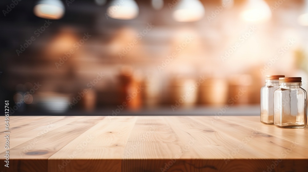 Empty wooden tabletop, bokeh view of modern kitchen interior. Product and food display, copy space images