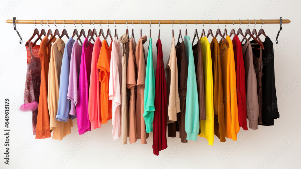 Clothes on hang rail on white background.